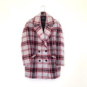 Plaid wool pea coat small